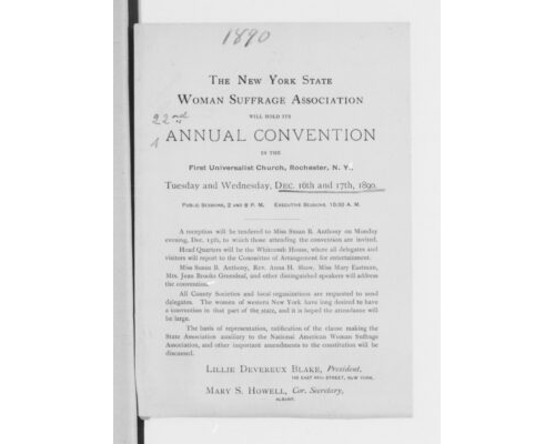 Press Release for 22nd NYWSA Convention in Rochester (Dec. 1890)