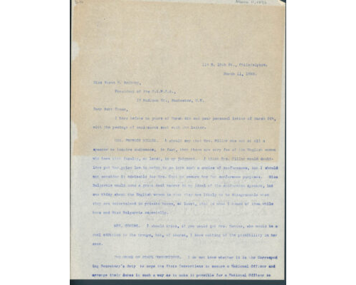 Rachel Foster Avery Letter on the Importance of Professional Titles in the Press Bureau (March 1898)