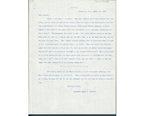 Susan B. Anthony Discussing Ida B. Harper’s Introduction to the Press Bureau (March 1898)